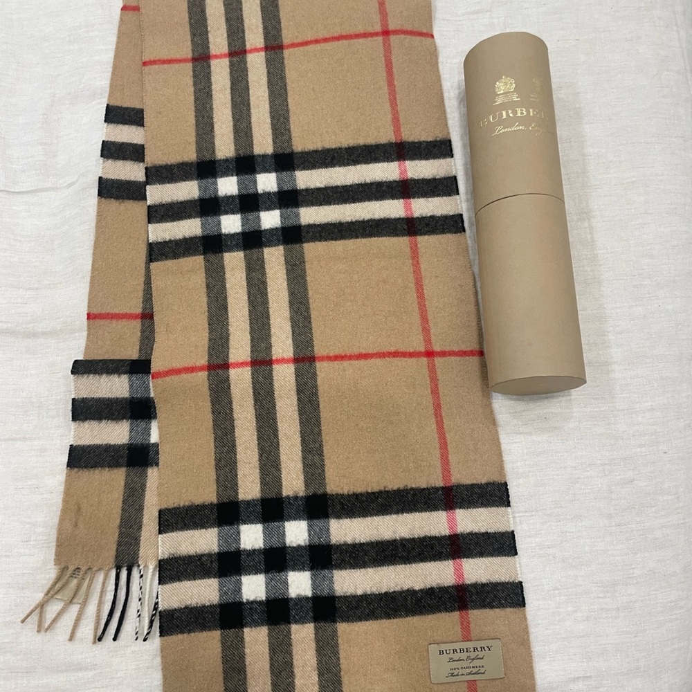 Burberry Camel Plaid Cashmere-Blend Scarf with Black & Red Accents